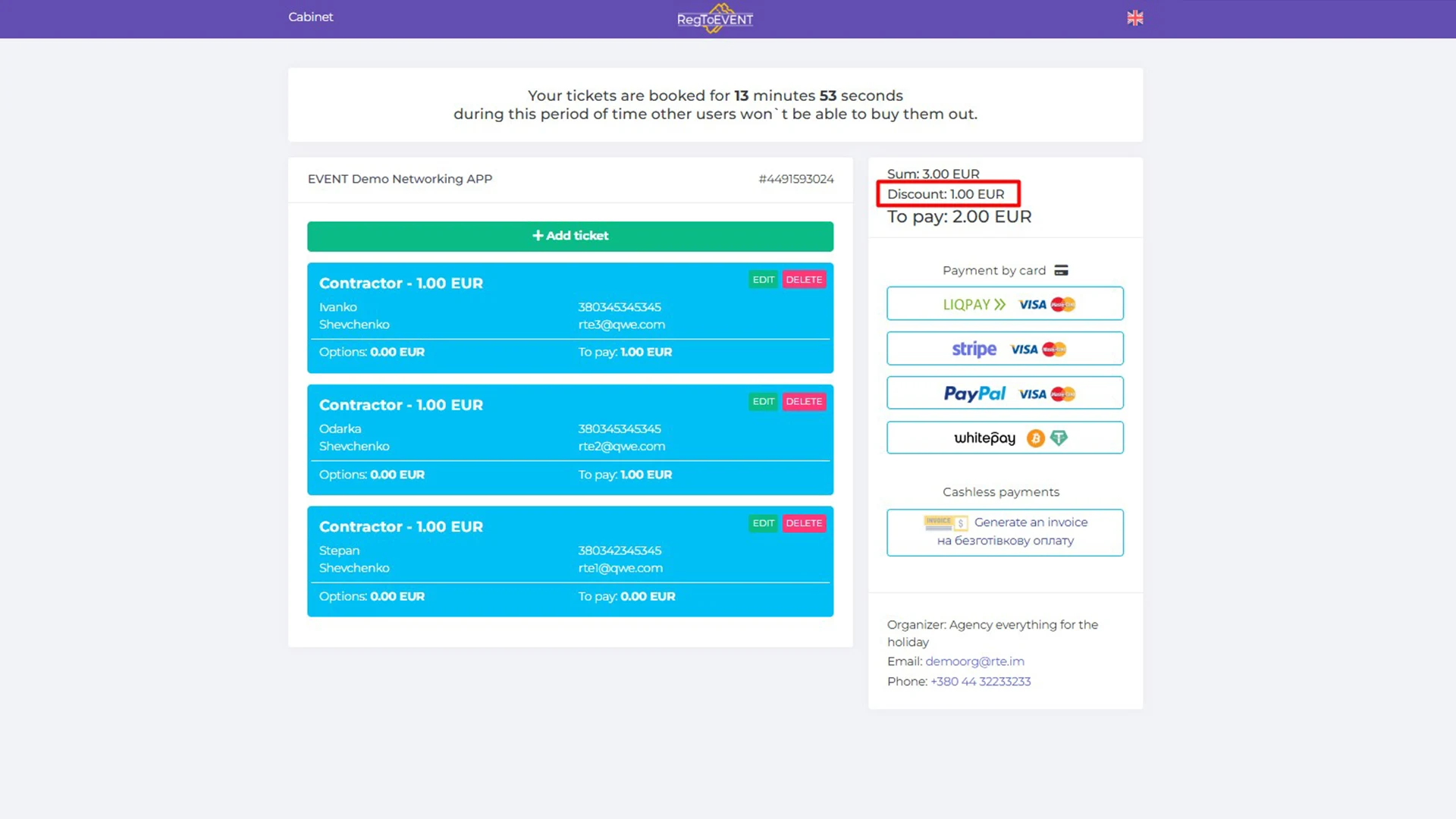 Formulário de venda de bilhetes com descontos combinados