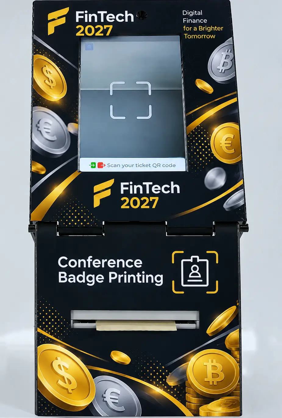 Чекинбокс в дизайне финтех-конференции FinTech 2027: брендирование стойки саморегистрации участников