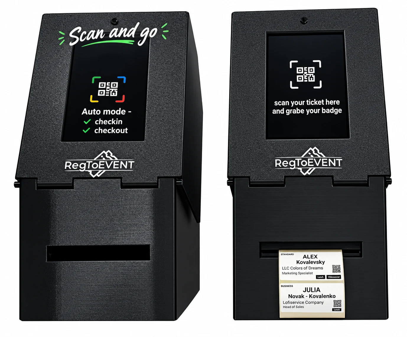 Два Чекинбокса рядом: слева стойка в режиме Scan and go для отметки входа и выхода без печати, справа стойка печатает именные бейджи после сканирования билета
